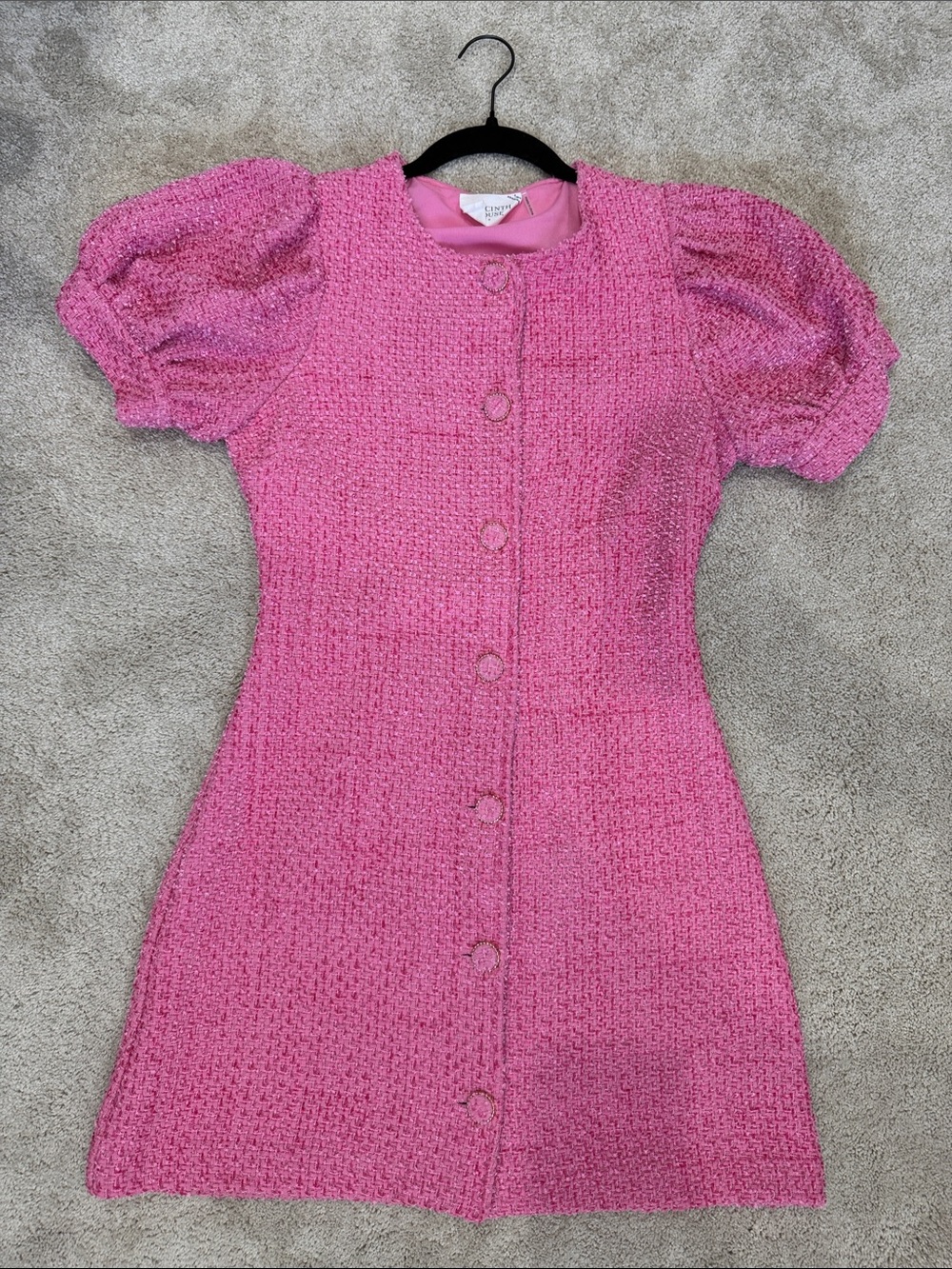 Pink Tweed Puff-Sleeve Button Dress
